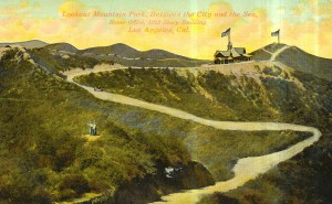 Lookout Mountain Park in Laurel Canyon. Depicts view of the mountains with Lookout Mountain Inn visible. 1920s.